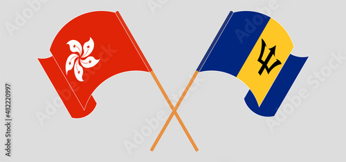 Crossed flags of Hong Kong and Barbados. Official colors. Correct proportion