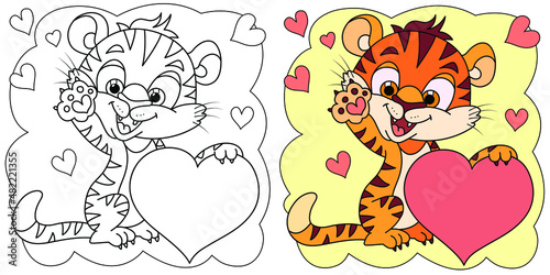 Coloring book cute little tiger cub isolated on white background. In love holding on to a heart. Symbol of 2022 New Year. Valentine's Day concept