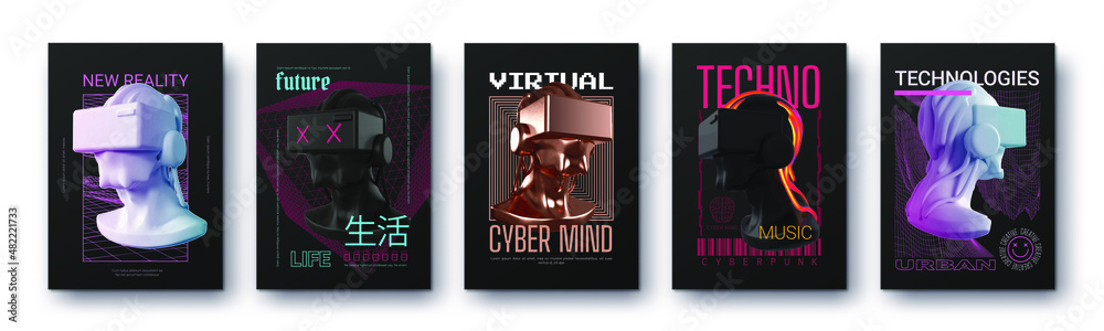 Modern collection of posters in the style of Techno, Rave music and ...