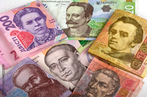 Banknotes of the Ukrainian national currency close-up. photo