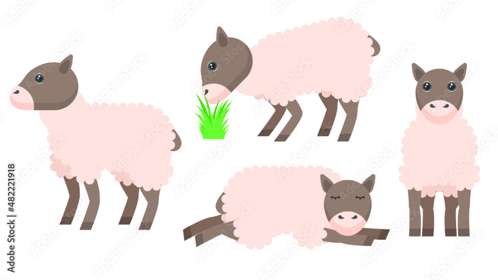 Set Abstract Collection Flat Cartoon Different Animal Sheeps Stand, Sleeping, Eating Grass Vector Design Style Elements Fauna Wildlife Set Abstract Collection Flat Cartoon Different Animal Sheeps Stand, Sleeping, Eating Grass Vector Design Style Elements Fauna Wildlife