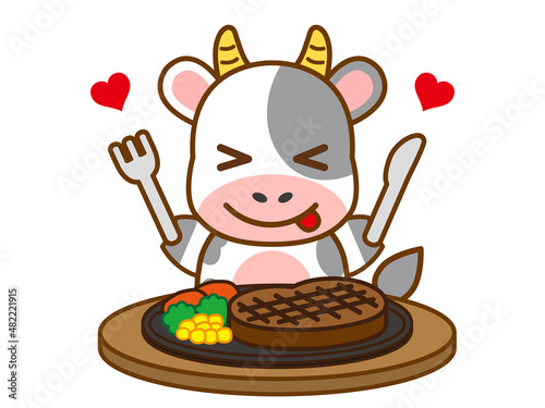 ステーキを食べる牛のイラスト＿ベクター2
