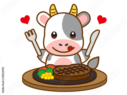 ステーキを食べる牛のイラスト＿ベクター