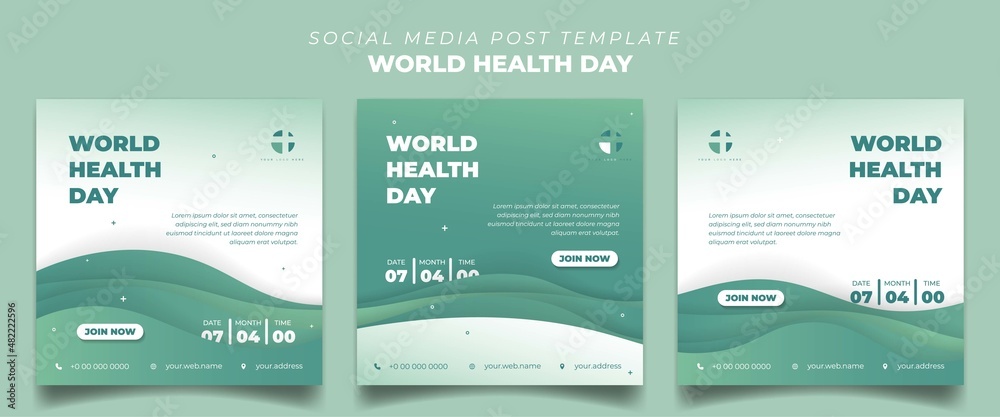 Set of square social media template in green and white with simple wavy background design. Healthcare social media template. Set of square social media template in green and white with simple wavy background design. Healthcare social media template.