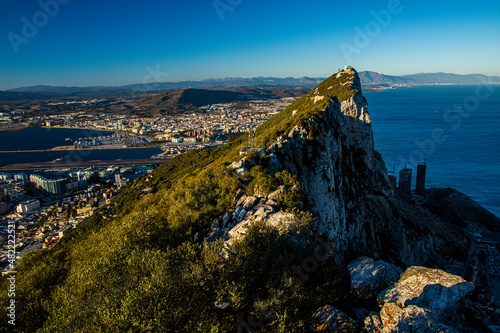Gibraltar Rock, United Kingdom, Europe and La Linea town in Spain on the Mediterranean coast.