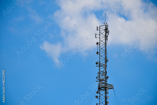 Telecommunication tower of 4G and 5G cellular. Antenna transmission communication. Cell phone signal base station.