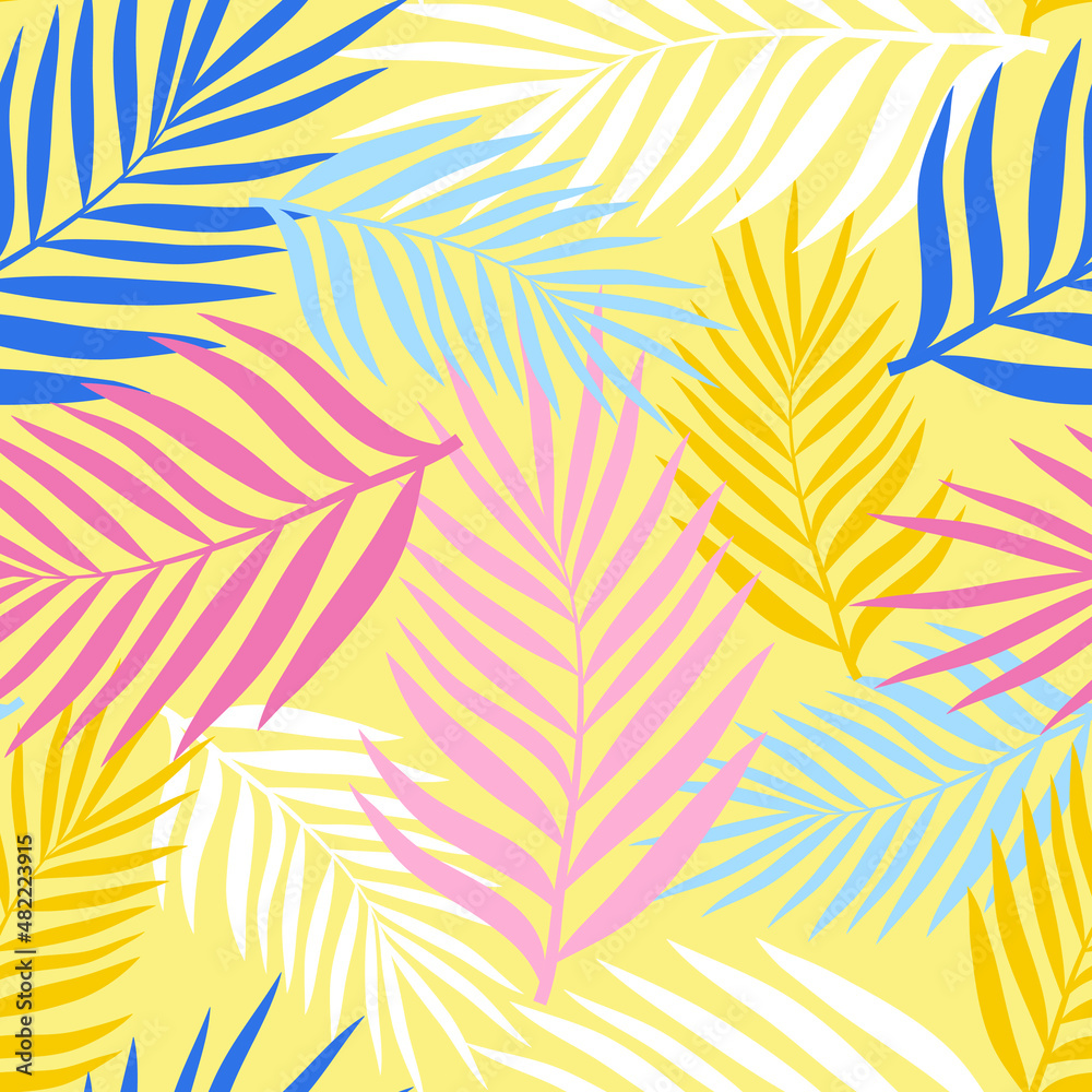 Palm leaves of different colors on a pale yellow background. Seamless pattern for any use. Palm leaves of different colors on a pale yellow background. Seamless pattern for any use.