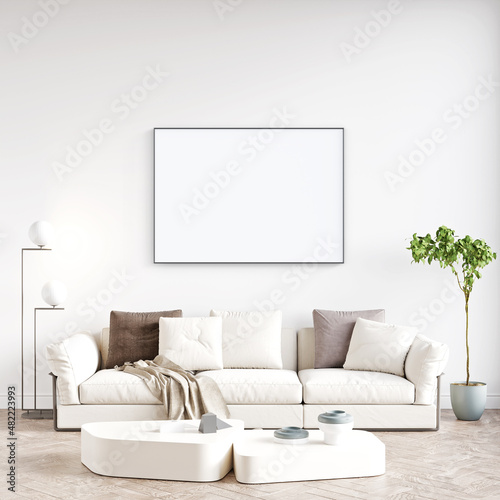 Modern interior of a room with an empty painting. Sofa and large window, wooden floor and wall. Clean lines of interior design. 3D rendering © Roman King