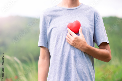 Fototapeta Naklejka Na Ścianę i Meble -  Abstract closeup of red heart in hand on beautiful nature background. Love and compassion or organ donation concept.