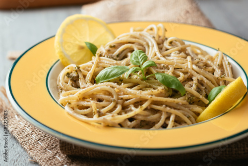 Spaghetti with a home made lemony kale and walnut pesto.