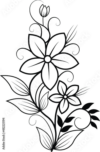 Elegance pattern with flowers narcissus with leaves and grass. Black silhouette on white background. Vector illustration