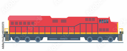 Locomotive, railway vehicle for pulling trains. Railroad engine, energy, movement or power to produce, pushing force and motion. Vector flat illustration.