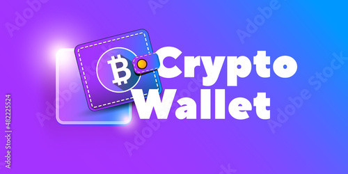 Cryptocurrency wallet concept illustration with wallet and crypto coins isolated on violet background. Crypto wallet landing page and poster design template. Crypto wallet for bitcon, solana, ethereum