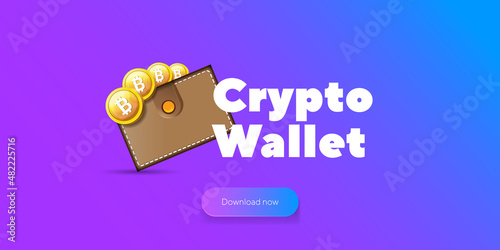 Cryptocurrency wallet concept illustration with wallet and crypto coins isolated on violet background. Crypto wallet landing page and poster design template. Crypto wallet for bitcon, solana, ethereum