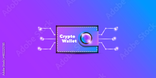 Cryptocurrency wallet concept illustration with wallet and crypto coins isolated on violet background. Crypto wallet landing page and poster design template. Crypto wallet for bitcon, solana, ethereum