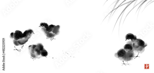 Little fluffy chicks in grass. Traditional oriental ink painting sumi-e, u-sin, go-hua. Hieroglyph - happiness.
