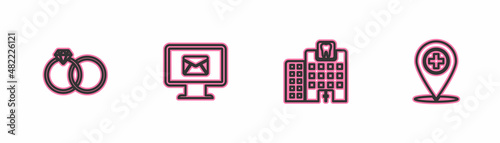 Set line Wedding rings, Dental clinic, Monitor and envelope and Medical location with cross icon. Vector