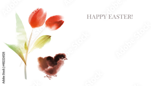 Easter greeting card with red tulups and little chick birds. Traditional oriental ink painting sumi-e, u-sin, go-hua.