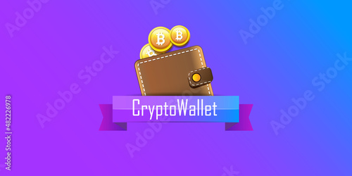 Cryptocurrency wallet concept illustration with wallet and crypto coins isolated on violet background. Crypto wallet landing page and poster design template. Crypto wallet for bitcon, solana, ethereum