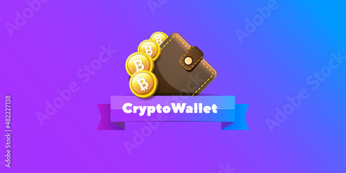 Cryptocurrency wallet concept illustration with wallet and crypto coins isolated on violet background. Crypto wallet landing page and poster design template. Crypto wallet for bitcon, solana, ethereum
