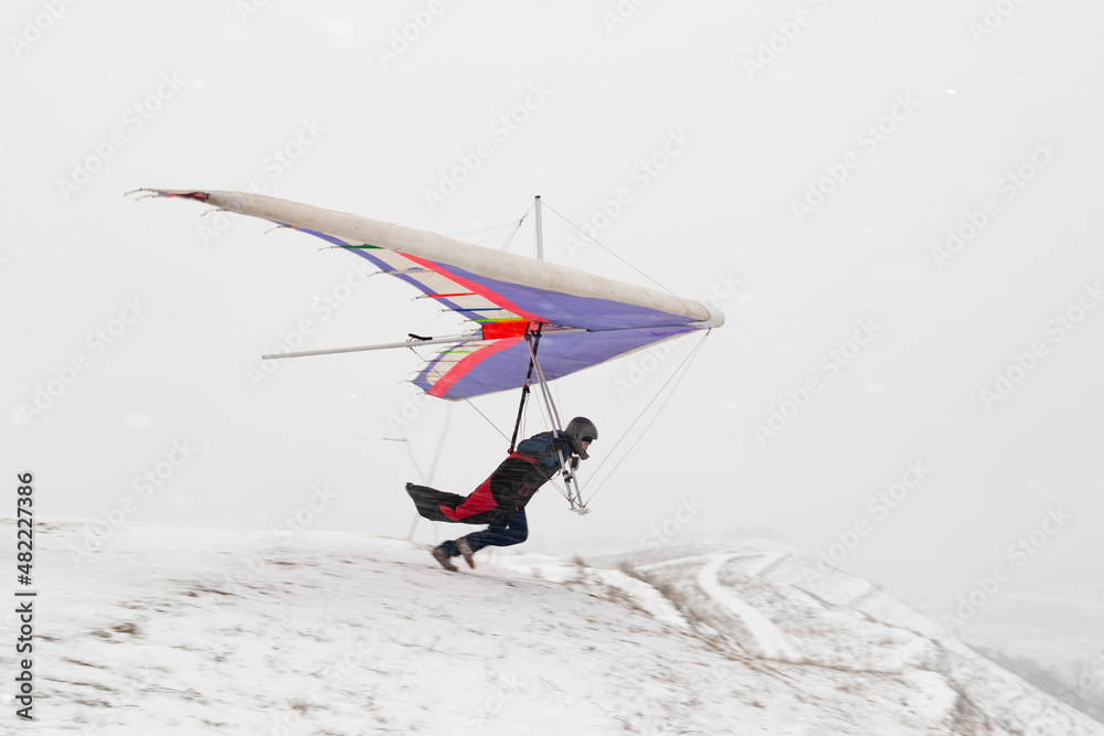 Hang glider pilots runs on the slope in winter.