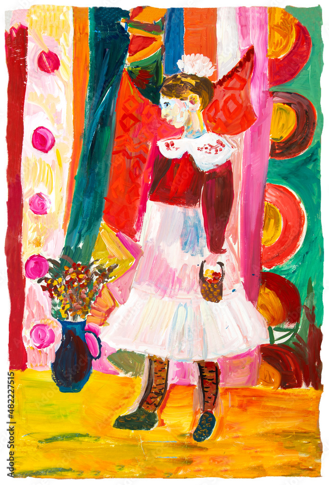 Gouache drawing of a girl with a white bow and a red and white dress standing in the room. A small basket in his hands. Full-length portrait. Colorful wallpaper and yellow floor. On paper. Painting.