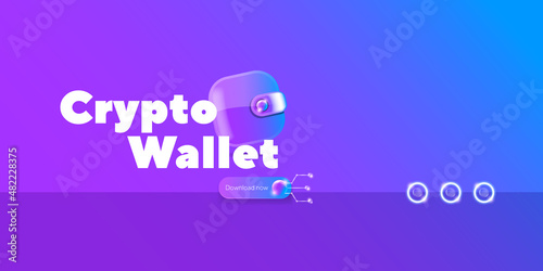 Cryptocurrency wallet concept illustration with wallet and crypto coins isolated on violet background. Crypto wallet landing page and poster design template. Crypto wallet for bitcon, solana, ethereum