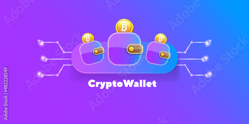 Cryptocurrency wallet concept illustration with wallet and crypto coins isolated on violet background. Crypto wallet landing page and poster design template. Crypto wallet for bitcon, solana, ethereum