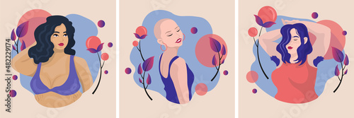 Body positive beautiful different skin color girls with red lips in bra, underwear. Woman with hairy armpits. Happy bald girl. Plus size beauty. Self love, acceptance concept. Vector illustration