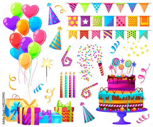 Birthday party items, celebration elements, decoration celebrate. Cake, lollipops, cone hats, candles, confetti, balloons, flag garland, flapper, gift boxes, ribbon bows, sparkler. Vector illustration