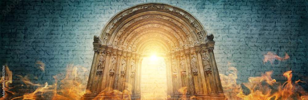 Portal of cathedral against background of biblical texts with effect overlay mode on texture ancient paper. Text with a blur effect. Background on theme of history, religion, renaissance, Middle Ages