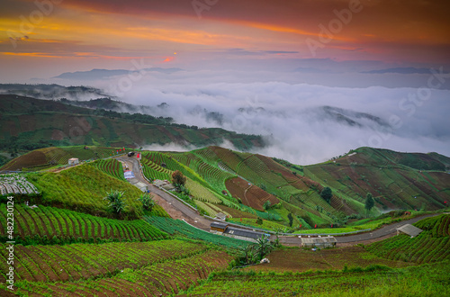 Landscape view of Argapura Majalengka. Beautiful sunrise with sea of clouds.  photo