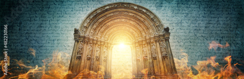 Portal of cathedral against background of biblical texts with effect overlay mode on texture ancient paper. Text with a blur effect. Background on theme of history, religion, renaissance, Middle Ages photo