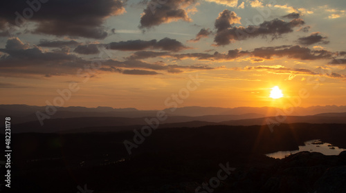 Sunset over Norwegian mountains, with scattered clouds, and a lake in the foreground