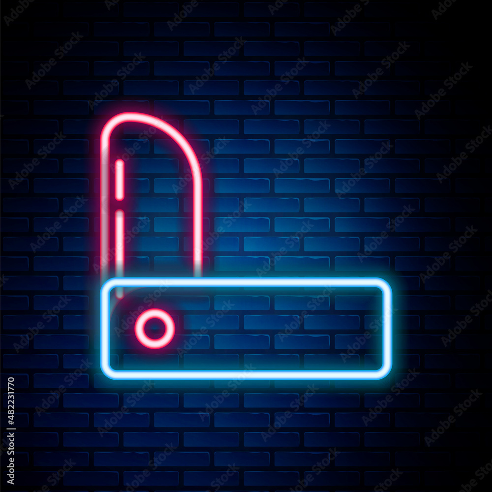 Glowing neon line Swiss army knife icon isolated on brick wall background. Multi-tool, multipurpose penknife. Multifunctional tool. Colorful outline concept. Vector Glowing neon line Swiss army knife icon isolated on brick wall background. Multi-tool, multipurpose penknife. Multifunctional tool. Colorful outline concept. Vector