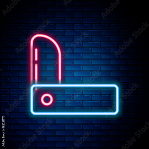 Glowing neon line Swiss army knife icon isolated on brick wall background. Multi-tool, multipurpose penknife. Multifunctional tool. Colorful outline concept. Vector