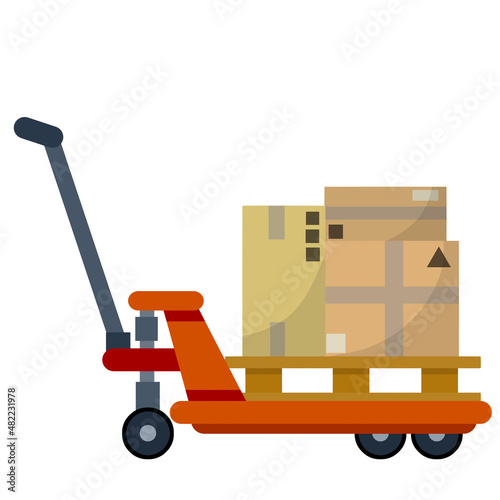 Cart with crates. Industrial shipping. Box with package. Loading, Storage and logistics in warehouse. Handcart on wheels with load. Flat Platform trolley