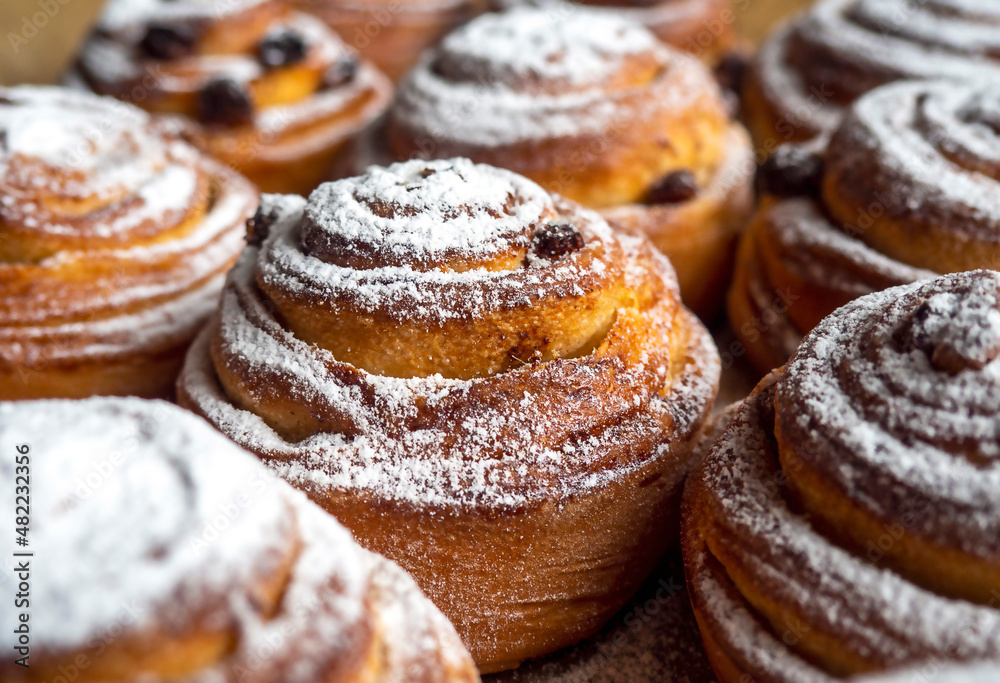 Buns with cinnamon and powdered sugar. The concept of cooking delicious food at home, homemade cakes. Background of buns. Selective  focus.