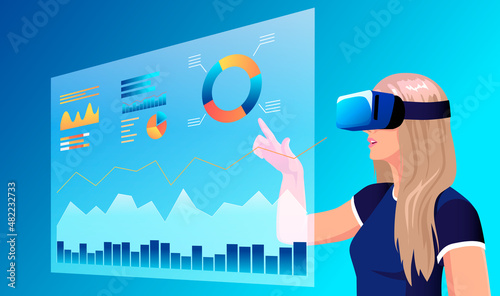 Woman in digital, virtual reality glasses touch business chart researching diagrams simulation. Education, gaming in vr, ar concept. Metaverse. Innovative technology background. Vector illustration