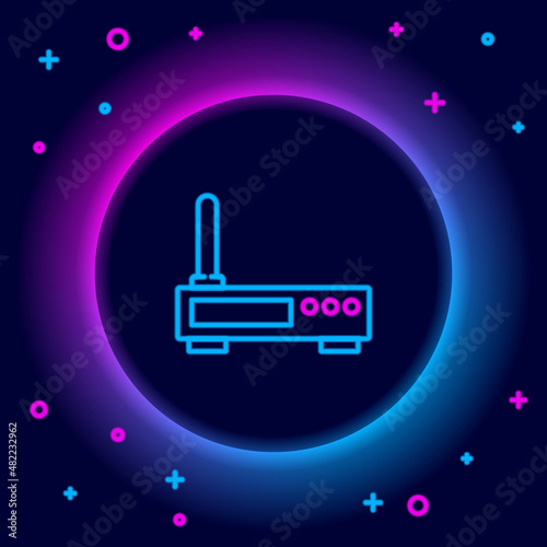 Glowing neon line Router and wi-fi signal icon isolated on black background. Wireless ethernet modem router. Computer technology internet. Colorful outline concept. Vector