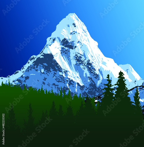 Mount Ama Dablam and woodland, mountain vector illustration