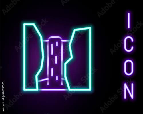 Glowing neon line Algar waterfall icon isolated on black background. Region Alicante. Spain. Colorful outline concept. Vector