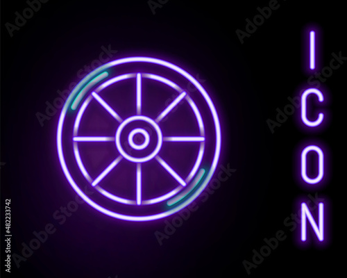 Glowing neon line Bicycle wheel icon isolated on black background. Bike race. Extreme sport. Sport equipment. Colorful outline concept. Vector