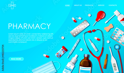 Online pharmacy site, digital drugstore, medical, medicine mobile application concept. Medication, stethoscope, thermometer, vaccine, drops, enema, patches, mask, blue background. Vector illustration