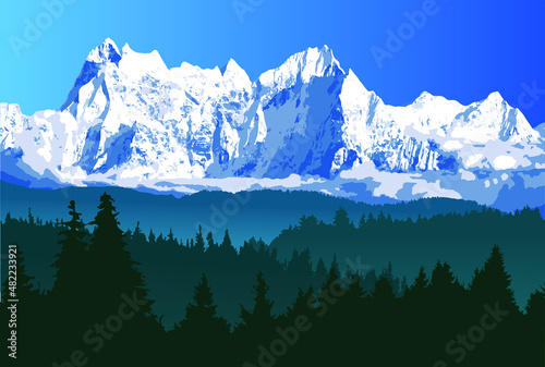 Fototapeta mountains and woodland, great himalayan range vector illustration