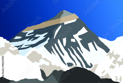 mount Everest from Nepal side as seen from gokyo, vector illustration, Mt Everest 8,848 m, Khumbu valley, Sagarmatha national park, Nepal Himalaya mountain
