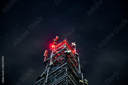 Tower for mobile communication systems 4g and 5g on the background of the starry sky. Cellular base station at night photo