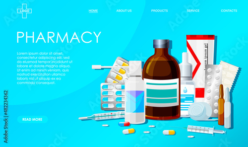 Online pharmacy site, digital drugstore, medical, medicine mobile application concept. Medication, stethoscope, thermometer, vaccine, drops, enema, patches, mask, blue background. Vector illustration