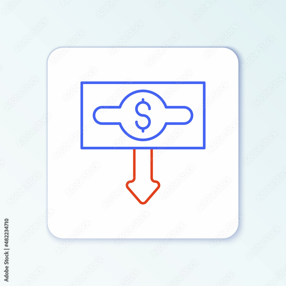 Line Dollar rate decrease icon isolated on white background. Cost reduction. Money symbol with down arrow. Business lost crisis decrease. Colorful outline concept. Vector Line Dollar rate decrease icon isolated on white background. Cost reduction. Money symbol with down arrow. Business lost crisis decrease. Colorful outline concept. Vector