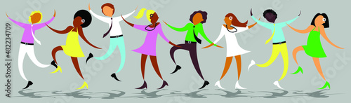Vector graphics - a friendly team of young people - women and men have fun dancing in a row isolated. Concept Office Party